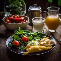 salutare prima colazione frittata, insalata, succo, caffè. generativo ai foto