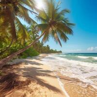 soleggiato tropicale spiaggia con palme estate. generativo ai foto