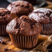 delizioso fatti in casa cioccolato muffin avvicinamento. generativo ai foto