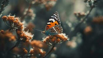 vivace farfalla perching su giallo fiore nel tranquillo foresta scena generato di ai foto