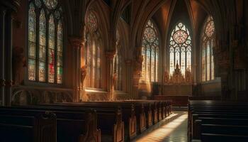 macchiato bicchiere si illumina antico cappella Gotico architettura generato di ai foto