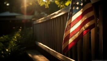 la libertà brilla attraverso rustico americano bandiera recinto generato di ai foto