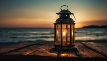 raggiante lanterna si illumina vecchio stile tavolo a crepuscolo generato di ai foto