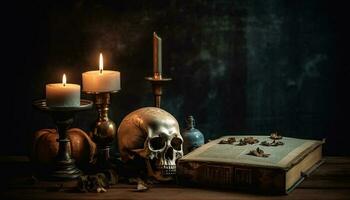 lettura vecchio letteratura di lume di candela su spaventoso notte generato di ai foto