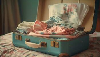 pila di bagaglio nel Camera da letto, pronto per viaggio generato di ai foto