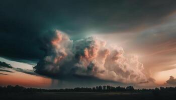 drammatico cielo al di sopra di tranquillo prato a crepuscolo generato di ai foto