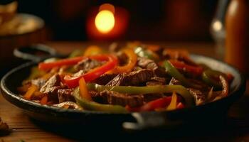 grigliato carne e verdure su rustico piatto generato di ai foto