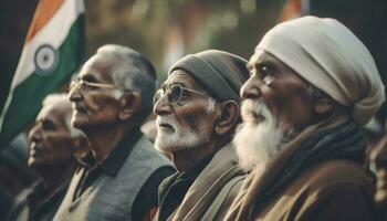 sorridente anziano uomini nel tradizionale capi di abbigliamento ritratto generato di ai foto