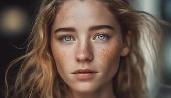 bellissimo giovane donna con lungo biondo capelli generato di ai foto