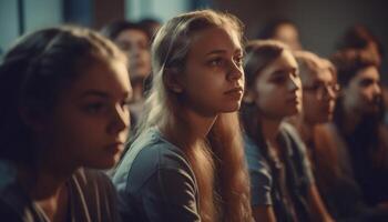 sorridente adolescenti studiando insieme nel aula divertimento generato di ai foto