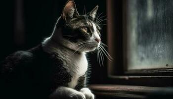 carino gattino fissando su finestra, natura ritratto generato di ai foto