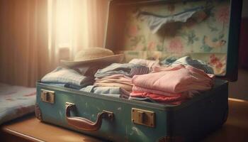 i viaggiatori' vecchio stile bagaglio pila nel confortevole Camera da letto generato di ai foto