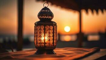 Arabo stile lanterna raggiante nel il buio notte generato di ai foto