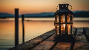 rustico lanterna si illumina tranquillo tramonto su acqua generato di ai foto