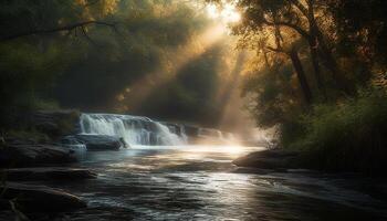 tramonto al di sopra di il foresta, acqua fluente pacificamente generato di ai foto