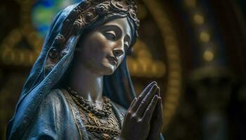preghiere donna illuminato di attraversare nel Cattedrale generato di ai foto