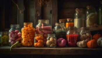 fresco biologico verdure e frutta su rustico tavolo generato di ai foto