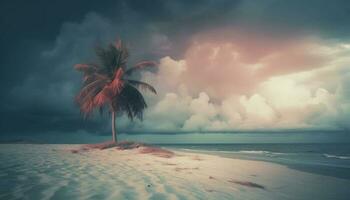 idilliaco tramonto su tropicale costa, palma alberi ondeggiare generato di ai foto
