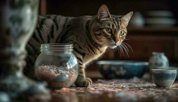 carino gattino giocando con giocattolo su tavolo generato di ai foto