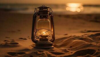 raggiante lanterna si illumina vecchio stile cherosene attrezzatura a crepuscolo generato di ai foto
