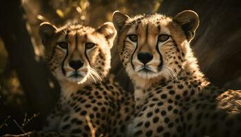 macchiato ghepardo fissando, maestoso bellezza nel natura generato di ai foto