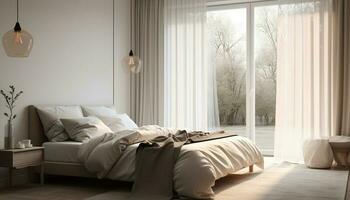 confortevole eleganza nel moderno Camera da letto con lusso arredamento generato di ai foto