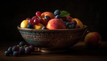 fresco frutta ciotola su di legno tavolo, salutare merenda generato di ai foto