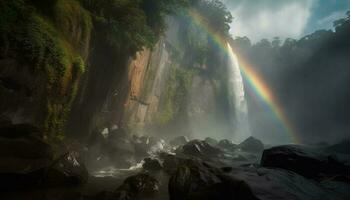 maestoso montagna gamma, arcobaleno, e fluente acqua generato di ai foto