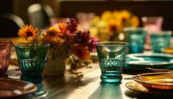 di legno tavolo con vaso, bevanda e decorazione generato di ai foto