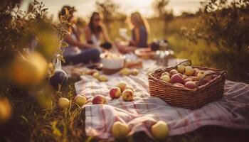 amici godere biologico cibo e tramonto bevande generato di ai foto