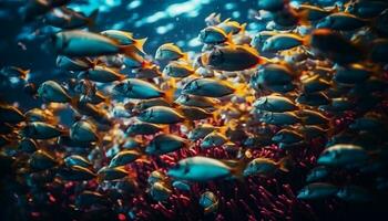 scuola di Multi colorato pesce nuotare nel scogliera generato di ai foto