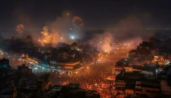 illuminato città orizzonte esplode con colorato fuochi d'artificio generato di ai foto