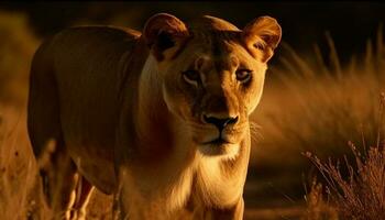 maestoso leonessa a piedi nel africano natura selvaggia pianura generato di ai foto