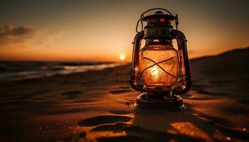 raggiante lanterna si illumina tranquillo costa a crepuscolo generato di ai foto