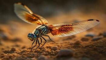 libellula riposo su vivace Multi colorato pianta generato di ai foto