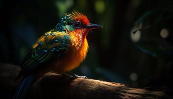 Multi colorato uccello perching su ramo nel foresta generato di ai foto