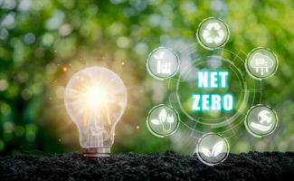 netto zero e carbonio neutro concetto, leggero lampadina su suolo con netto zero icona su virtuale schermo. foto