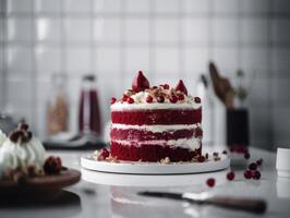 fresco rosso velluto torta con gustoso crema. generativo ai foto
