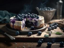 delizioso fatti in casa torta di formaggio con mirtilli. generativo ai foto