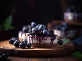 delizioso fatti in casa torta di formaggio con mirtilli. generativo ai foto