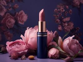 bellissimo rosa rossetto con blu lusso Astuccio e rosa fiori. generativo ai foto