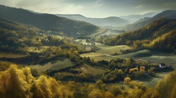 Immagine di montagna valle con montagne e un' foresta. generativo ai. foto