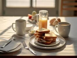 delizioso crostini e caffè su il bianca tavolo vicino il finestre. generativo ai foto