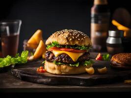 fuso formaggio hamburger su di legno piatto. generativo ai foto