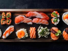 un' vassoio di assortito Sushi nigiri. generativo ai foto