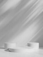 semplice bianca minimo sfondo con Prodotto Schermo piattaforma. vuoto studio con cerchio podio piedistallo su un' ombra sfondo. foto
