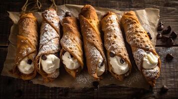 cannolis contro un' rustico sfondo, ai generato foto