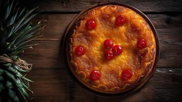 ananas sottosopra torta su un' di legno tavolo, dall'alto al basso Visualizza, ai generato foto