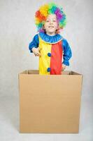 ragazzo di cinque anni vestito nel il costume di un' clown salti nel un' scatola di cartone carta scatola. foto