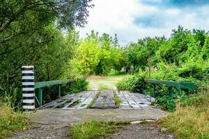 meravigliosamente in piedi vecchio di legno ponte al di sopra di fiume nel colorato sfondo vicino su foto